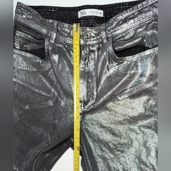 Zara Silver Metallic Whimsigoth Flare Wide Leg Jeans with Glossy Finish 30/6 - Picture 6 of 9